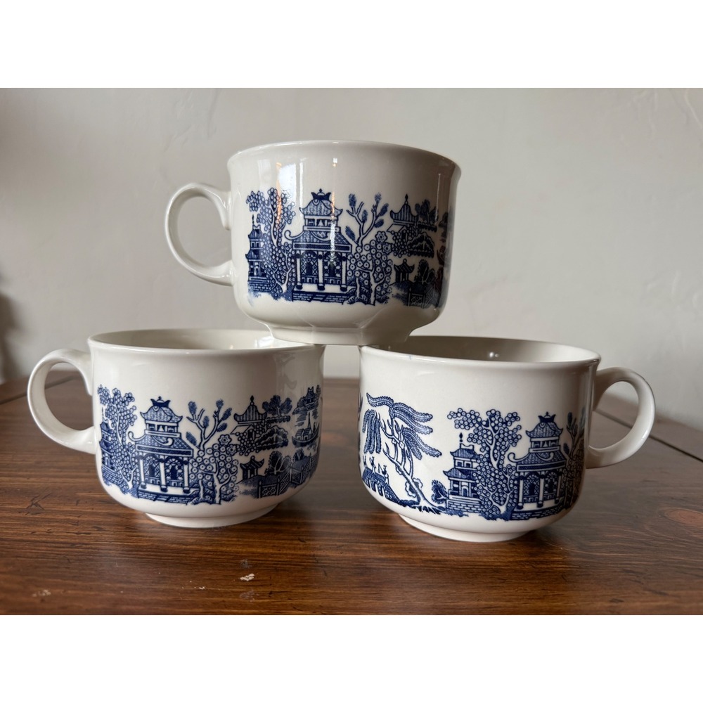Churchill England Blue Willow Soup Mugs Oversized Coffee Cups Set of 3 Ironstone